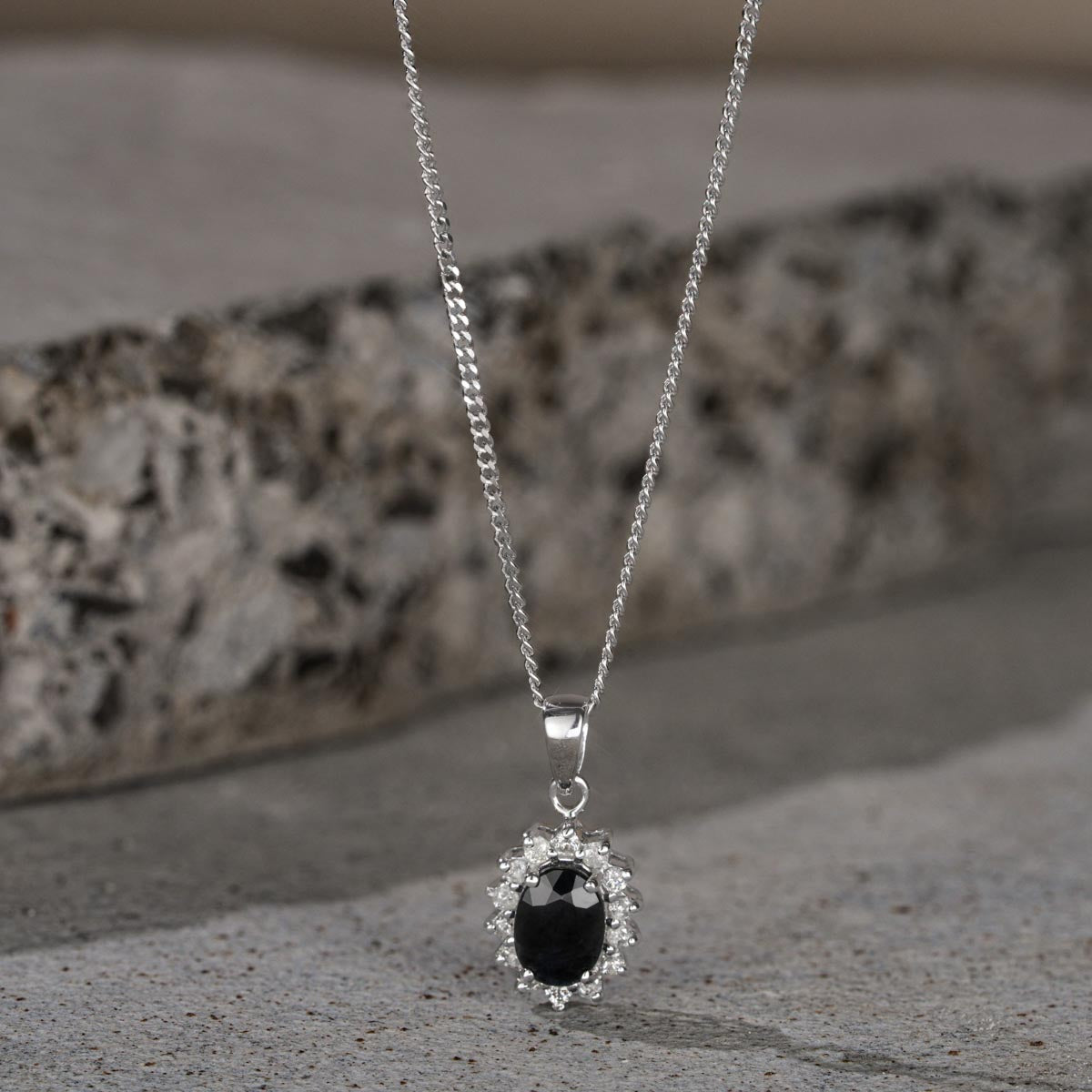 Sapphire 7 x 5mm And Diamond 9K White Gold Pendant Necklace